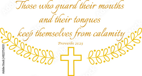 Proverbs 21:23 golden outline vector on transparent background