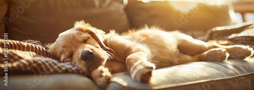 Adorable Golden Retriever puppy sleeping peacefully on a cozy bed in warm sunlight. Perfect for themes of relaxation, comfort, and the joy of pets.