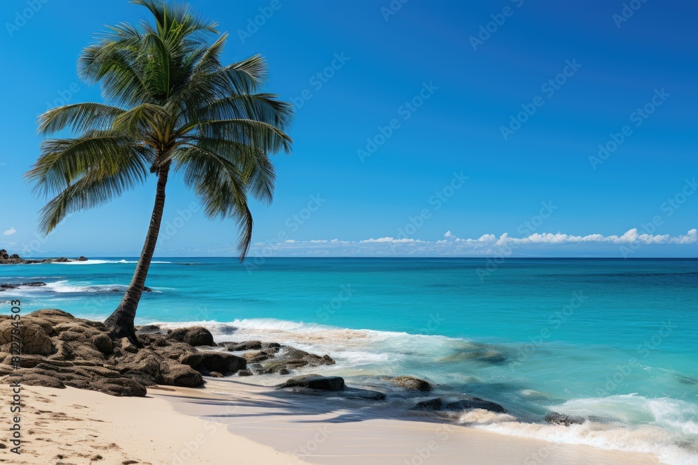 Naklejka premium Lonely coconut tree on deserted beach., generative IA