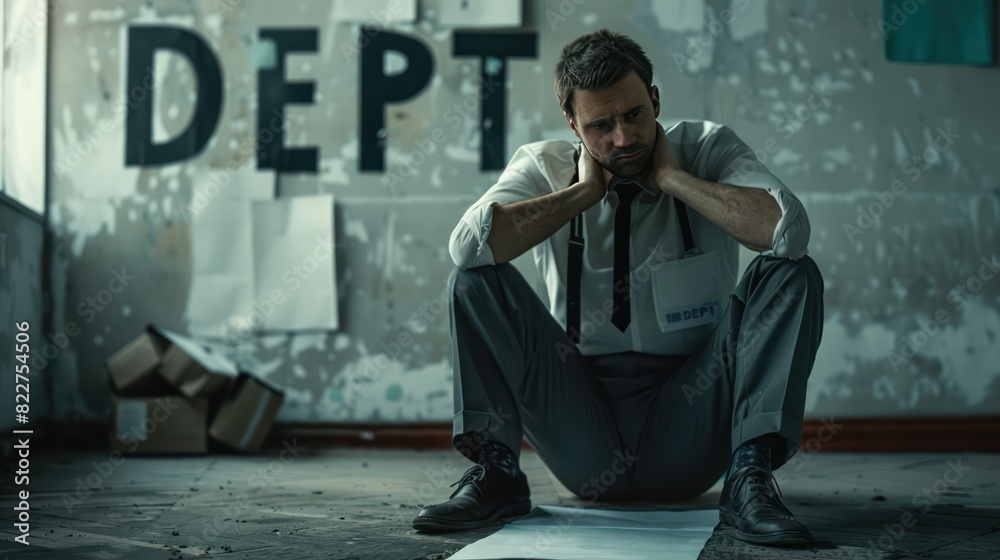 A businessman sits depressed in the room of a damaged building with the wall written DEBT in the background