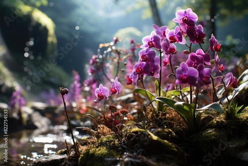 Wild orchids in lush forest.  generative IA