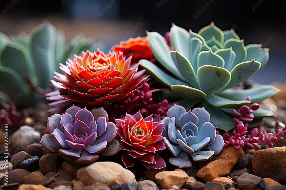 Vibrant succulents between rocks in garden dry., generative IA Vibrant succulents between rocks in garden dry., generative IA