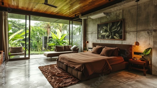 Modern contemporary loft style bedroom with tropical style garden view  The room has . Generative Ai
