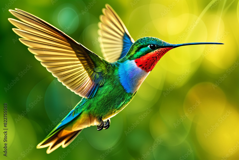 Fototapeta premium A vibrant hummingbird with blue, green and red feathers flying through the air.