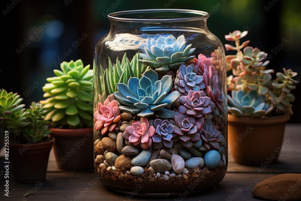 Succulent terrarium vibrant glass colors., generative IA