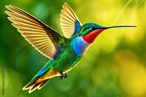 A vibrant hummingbird with blue, green and red feathers flying through the air.