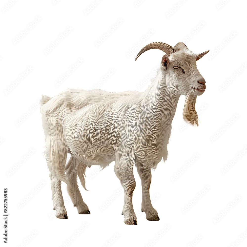 Side view of white goat with horns isolated on transparent background.
