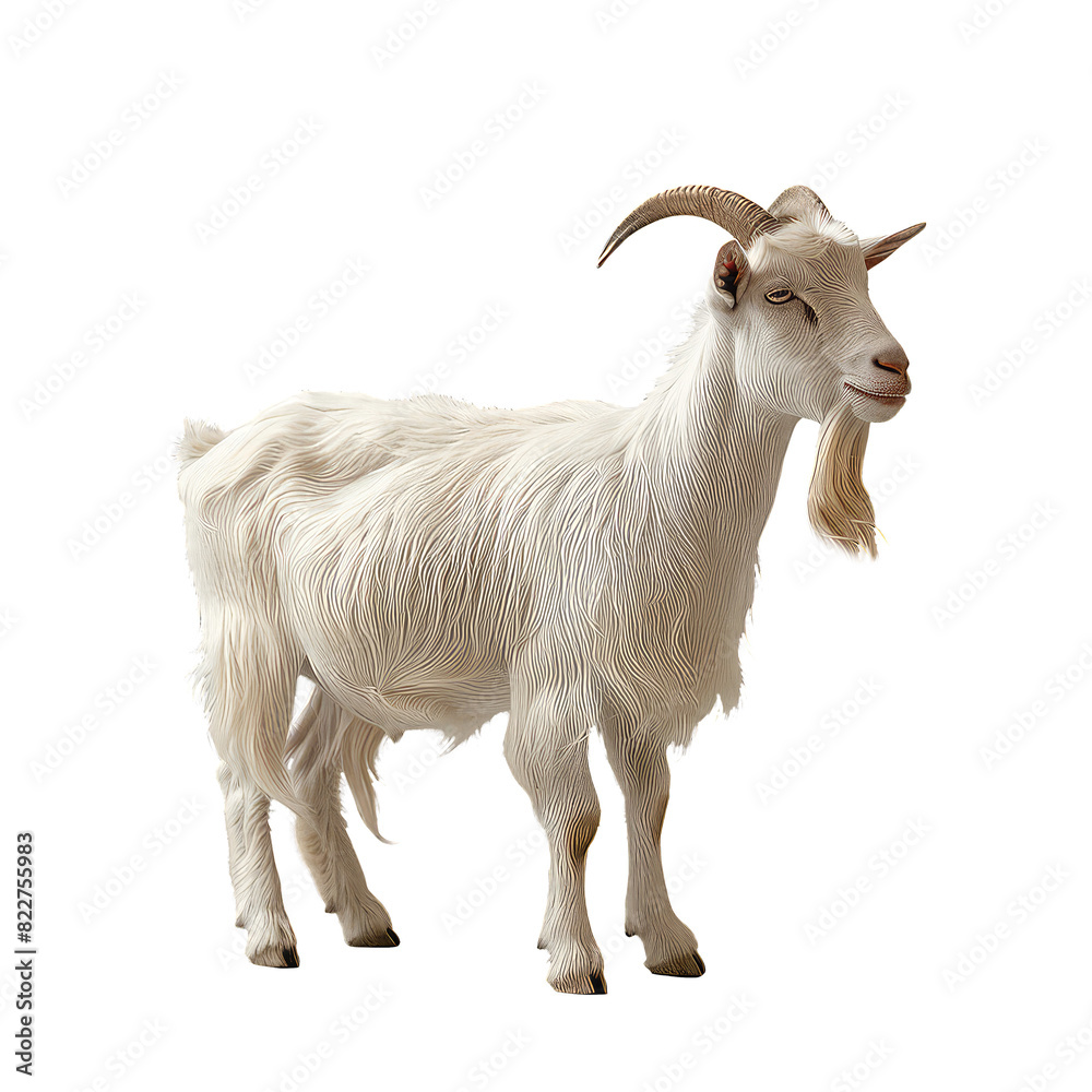 Obraz premium Side view of white goat with horns isolated on transparent background.