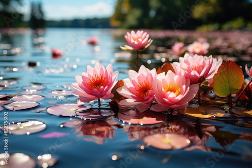 Serene lake  nymphies in flower.  generative IA