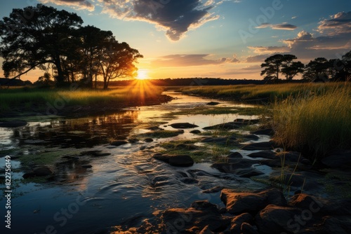 Serene swamp with vetive and reeds.  generative IA