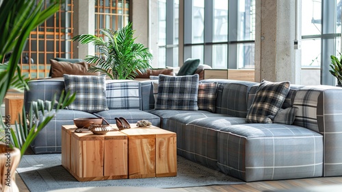 Modern interior of open space with design modular sofa, furniture, wooden coffee . Generative Ai