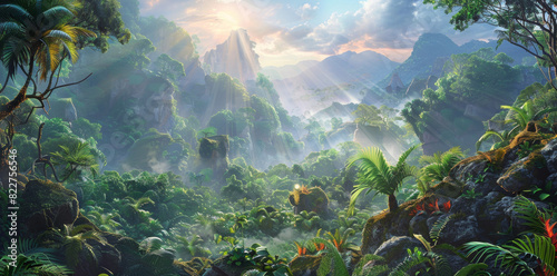 concept art of an ancient rainforest landscape  fantasy setting  misty mountains in the background  lush green trees and plants  tropical foliage