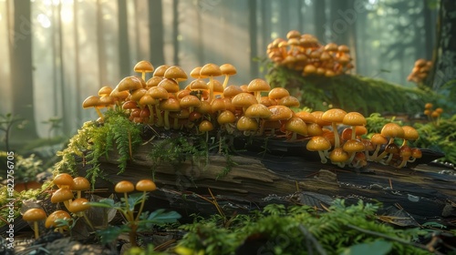 A forest scene with mushrooms sprouting from a fallen log, photo