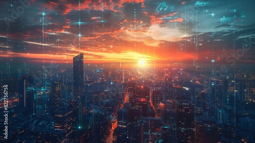 A futuristic cityscape with digital threats and security measures visualized, photo