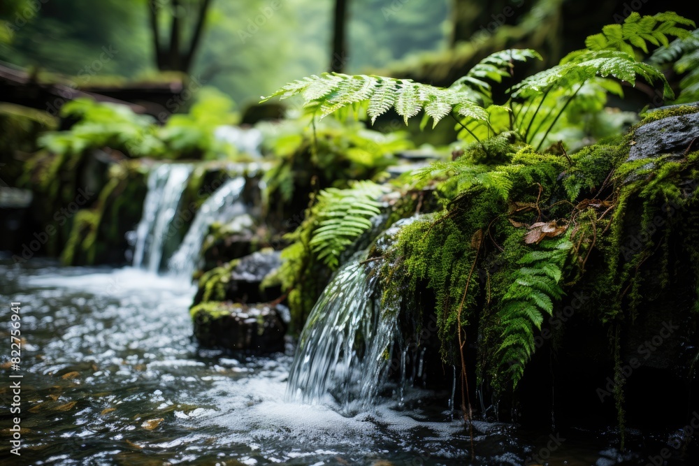 Natural waterfall with exuberant ferns., generative IA Natural waterfall with exuberant ferns., generative IA