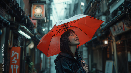 雨の日に赤い傘を持った日本人女性を笑って、賑やかな街で天気を楽しんでいます