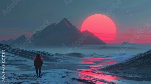 beautiful sunset with neon sun and mountains retro 80s styles