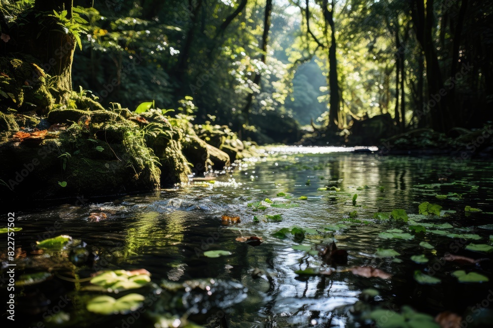 Hidden Waterfall in the jungle, soft light and butterflies., generative IA Hidden Waterfall in the jungle, soft light and butterflies., generative IA