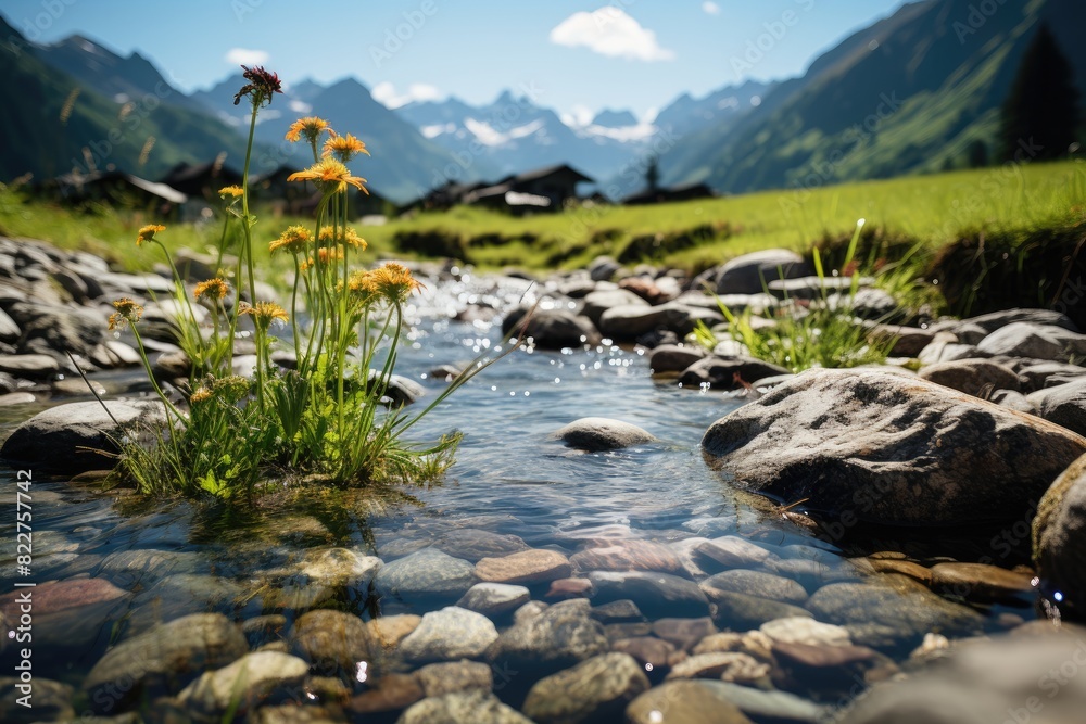 Alpine mountains covered by vibrant grams., generative IA Alpine mountains covered by vibrant grams., generative IA