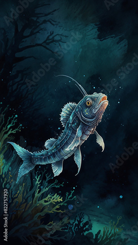 Watercolor painting  A deep-sea dragonfish emitting a bioluminescent glow  its eerie appearance and luminescent lure an otherworldly sight