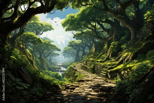 Shaded path under tall trees and soft sun.  generative IA