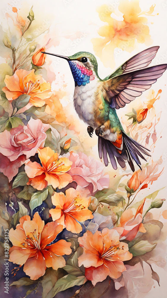 Watercolor painting: A hummingbird flitting between flowers, its swift movements and role in pollination a beautiful dance of nature
