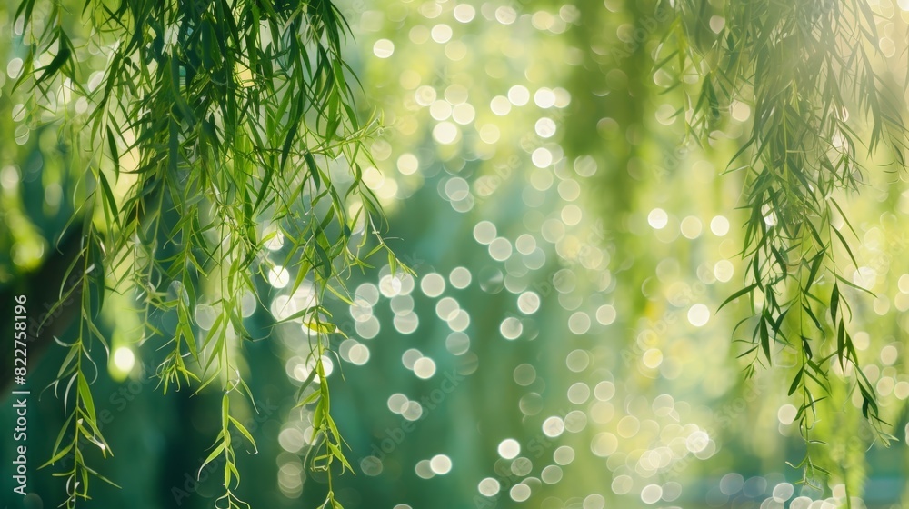 Naklejka premium A gentle breeze rustling through the branches of a weeping willow tree creating a serene and calming atmosphere.