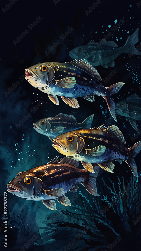 Naklejka premium Watercolor painting: A school of flashlight fish illuminating the darkness of the deep sea, their synchronized flashes creating a mesmerizing light show,
