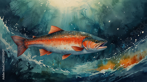 Watercolor painting: A salmon returning to its birthplace to spawn, its incredible journey and life cycle an inspiring tale of perseverance, photo