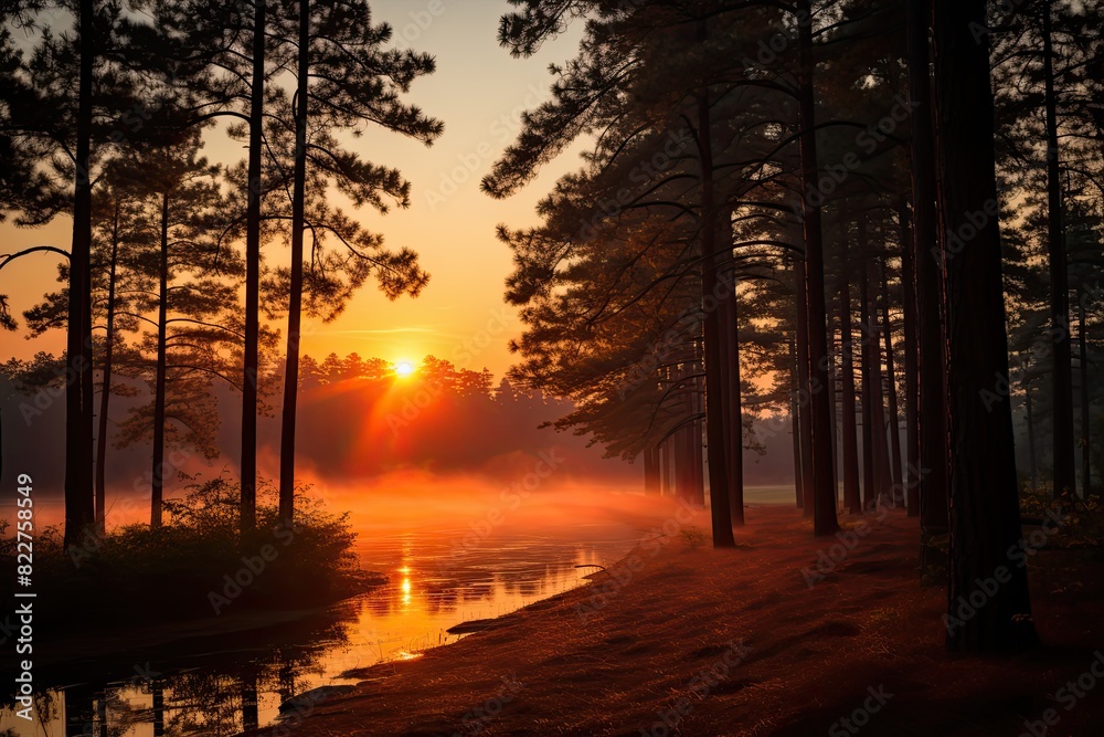 Black pines contrast with the sunrise., generative IA Black pines contrast with the sunrise., generative IA