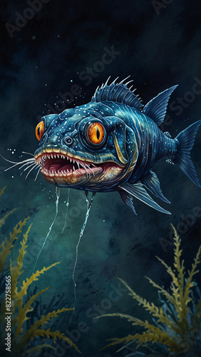Watercolor painting: A viperfish luring prey with its bioluminescent photophore, its needle-like teeth and sinister appearance is a fascinating study in adaptation,