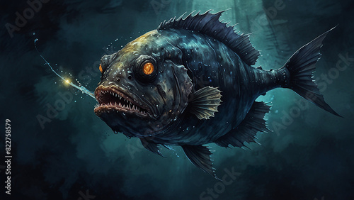 Watercolor painting: An anglerfish luring its prey with a bioluminescent appendage, its eerie glow and grotesque appearance evoking a sense of wonder. photo