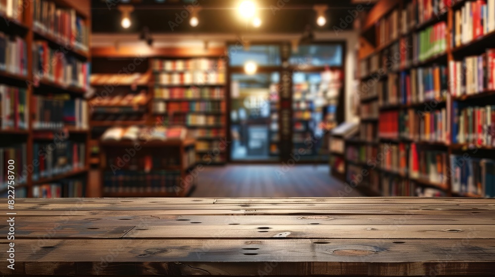 empty wooden bookshelf with blurred bookstore background concept illustration empty wooden bookshelf with blurred bookstore background concept illustration