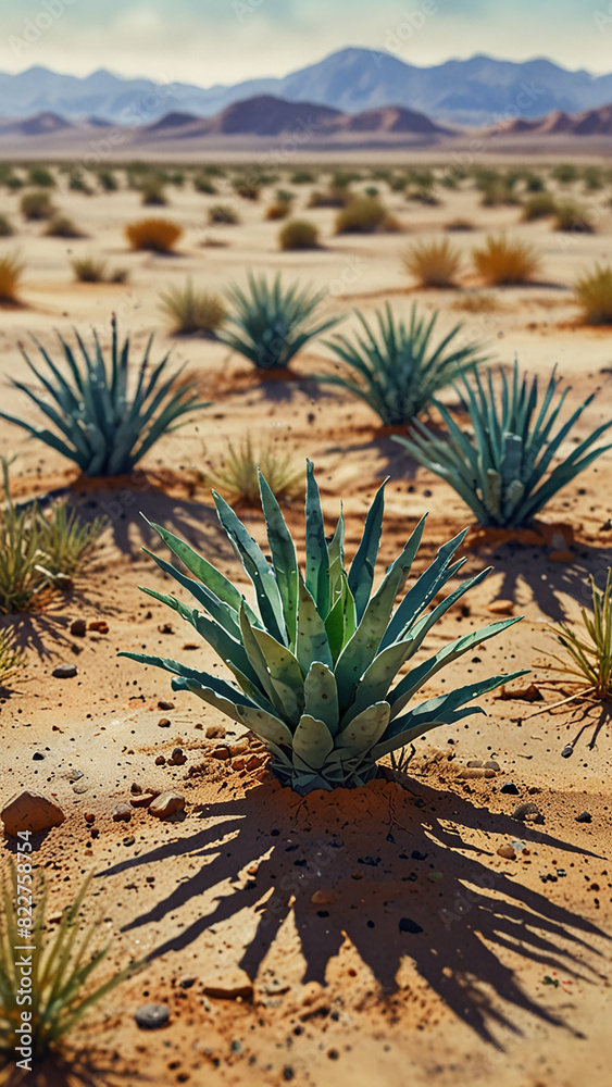 Fototapeta premium Watercolor painting: Plants in the desert compete for water, their unique adaptations and resource allocation essential for survival. Anime style