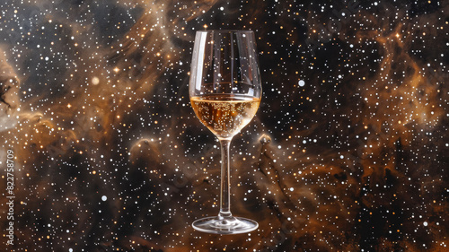 a wine glass under the stars with galaxy dotted with stars, in the style of psychedelic tableaux, metafictional