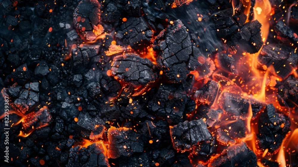 fiery sparks erupting from burning coal dramatic black background