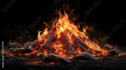glowing embers and flames of a campfire against black background digital illustration