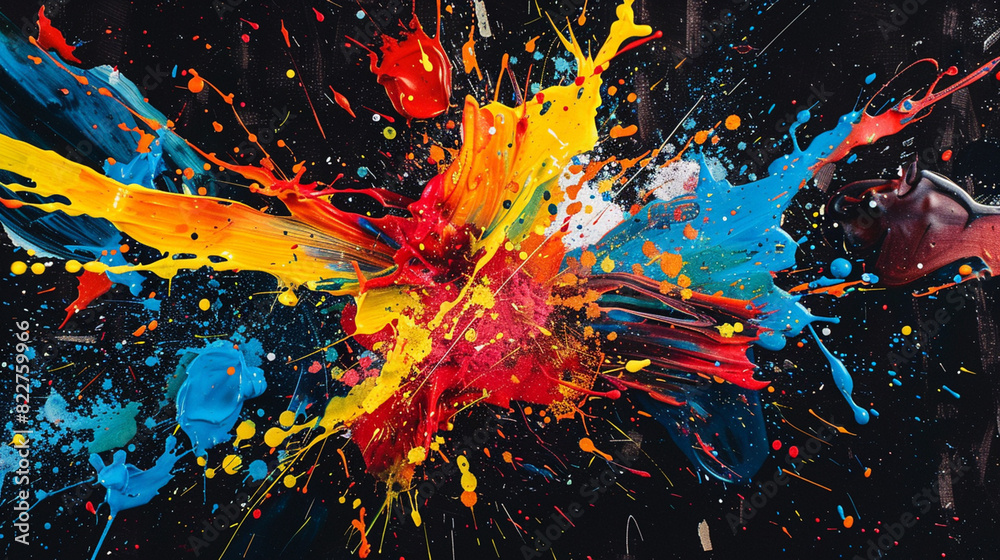 Vibrant Paint Splatters on Black Canvas - With Rainbow Colors Spreading Outward in Chaotic Patterns - Abstract Art Template Aesthetic Vibrant Paint Splatters on Black Canvas - With Rainbow Colors Spreading Outward in Chaotic Patterns - Abstract Art Template Aesthetic