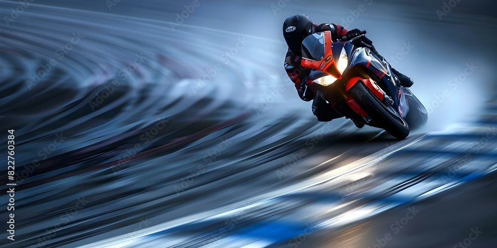 Exciting photo captures motorbike skidding on race track embodying speed and thrill. Concept Motorbike, Race Track, Speed, Thrill, Action Shot