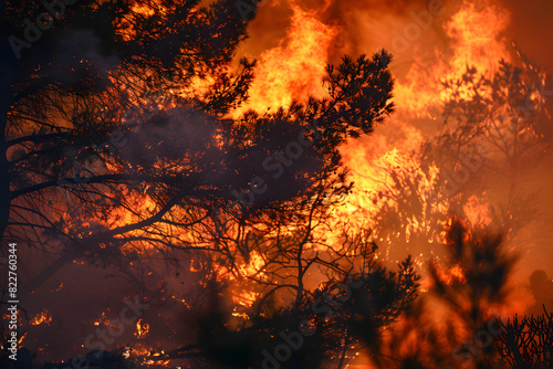 A raging forest fire with large flames in progress in various locations including Greece, Canada, and Maui. photo