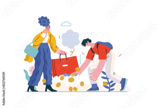 Mutual Support: Pick up fallen item -modern flat vector concept illustration of man collecting fruits that fell from woman's bag A metaphor of voluntary, collaborative exchanges of resource, services