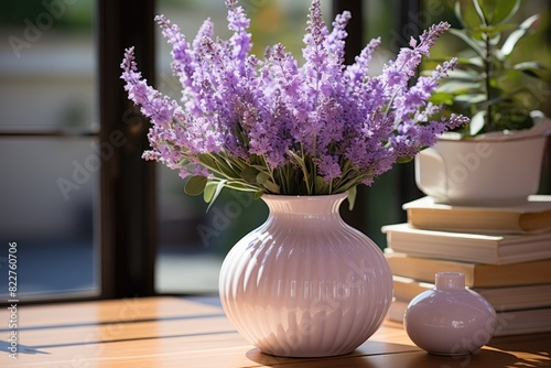 Fresh lavender bouquet in ceramic vase., generative IA
