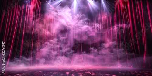 Opera Performance: Empty Theater Stage with Red Curtains, Spotlight, and Fog. Concept Theater Stage, Empty Space, Red Curtains, Spotlight, Fog, Opera Performance