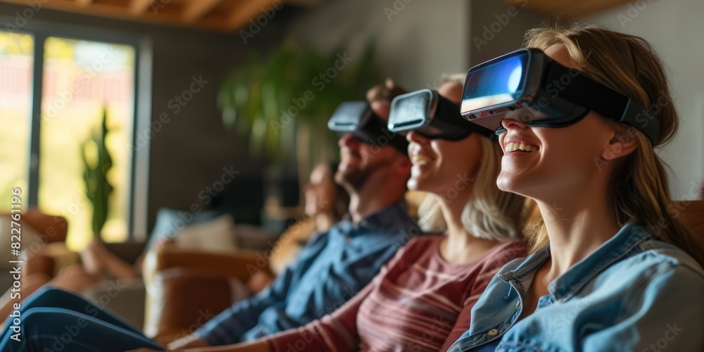 Group of happy people sharing time together while using VR headsets and watching movie together. LOvely family spending time together while wearing visual reality goggles. Recreation concept. AIG42.