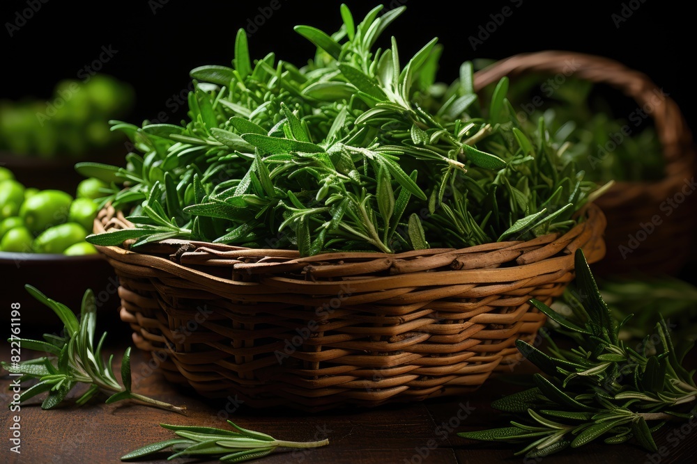Fresh rosemary in wicker basket., generative IA Fresh rosemary in wicker basket., generative IA