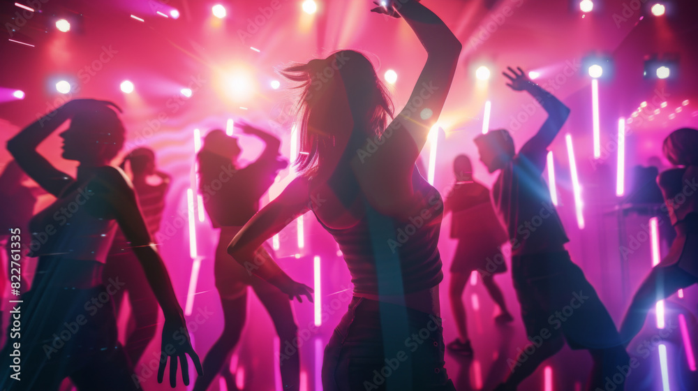 A group of people are dancing in a club with bright lights A group of people are dancing in a club with bright lights