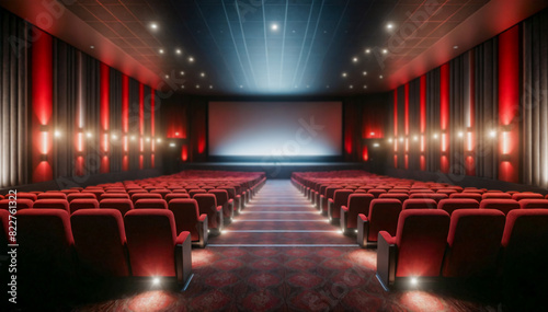 Empty Movie Theater with Red Seats and Large Screen