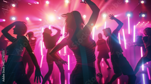 A group of people are dancing in a club with bright lights