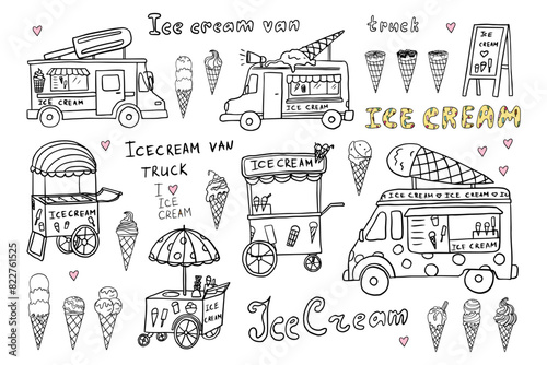 Cute set of ice cream van, ice cream truck and ice cream in a waffle cone. Gelato. Great for summer dessert menu design, banner, sites, packaging. Hand drawn. Doodle style.