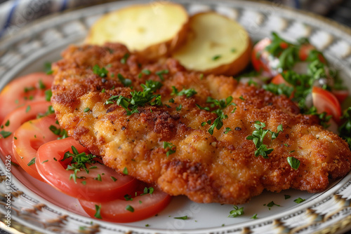 Plate with schnitzel, tomatoes, potatoes, and garnished with parsley.